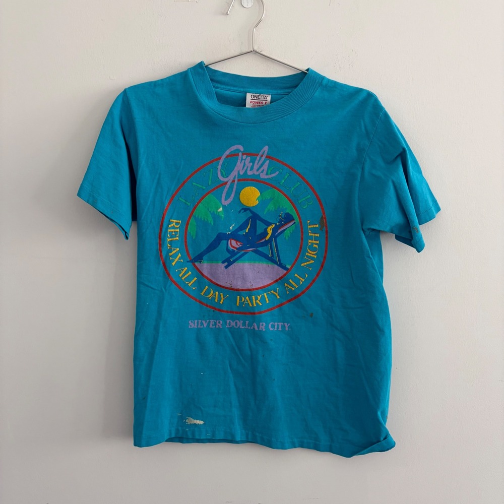 Vintage Oneita Power-T Silver Dollar City Lazy Girls Club Graphic T-Shirt Teal M
